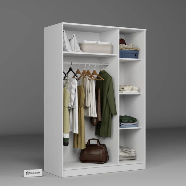 Midoser Kardelen Serisi 120 Cm Mat Beyaz 3 Kapılı 5 Raflı Elbise Dolabı - Gardırop Seti - 5