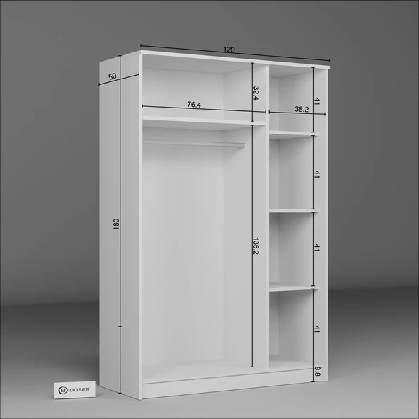 Midoser Kardelen Serisi 120 Cm Mat Beyaz 3 Kapılı 5 Raflı Elbise Dolabı - Gardırop Seti - 7