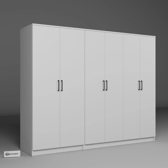 Midoser Kardelen Serisi Mat Beyaz 6 Kapılı 9 Raflı Elbise Dolabı 220 Cm - Gardırop Seti - 6