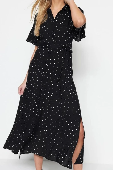 Moda Regular Casual Günlük Shally Dokuma Gömlek Yaka Kısa Kol Gömlek Elbise Midi Boy Elbise
