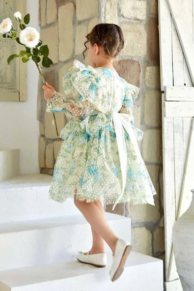 Kız Çocuk Omuzları ve Beli Fırfırlı Puantiye Detaylı Şeffaf Tül Çiçek Desenli Kabarık Mavi Elbise - Resim 2