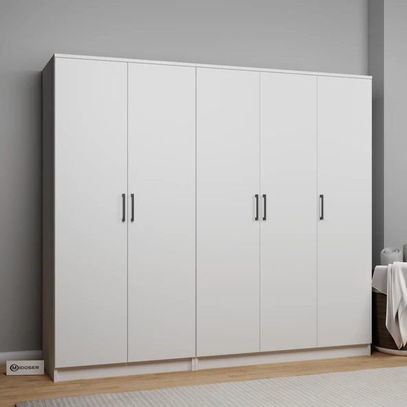 Midoser Kardelen Serisi Mat Beyaz 5 Kapılı 9 Raflı Elbise Dolabı 200 Cm - Gardırop Seti - 3