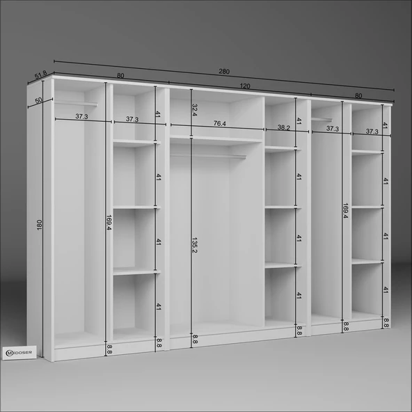 Midoser Kardelen Serisi Beyaz 7 Kapılı 13 Raflı 280 Cm Elbise Dolabı-gardırop Seti, Derinlik : 50 Cm - 7