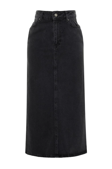 Modern Tarz Astarsız Denim Maxi Boy Yırtmaçlı Yüksek Bel Maxi Denim Etek