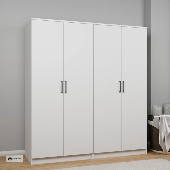 Midoser Kardelen Serisi Mat Beyaz 4 Kapılı 8 Raflı Elbise Dolabı 160 Cm - Gardırop Seti - Resim 3