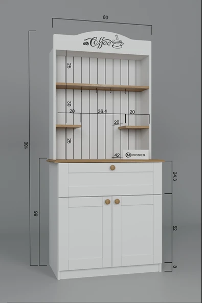 Midoser Lucas 2 Kapaklı Çekmeceli Kahve Köşesi ve Çok Amaçlı Mutfak Dolabı - Açık ceviz & Beyaz - 6