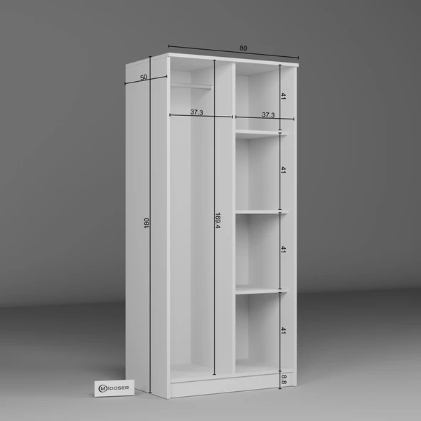 Midoser Kardelen Serisi 80 Cm Mat Beyaz 2 Kapılı 4 Raflı Elbise Dolabı - 7