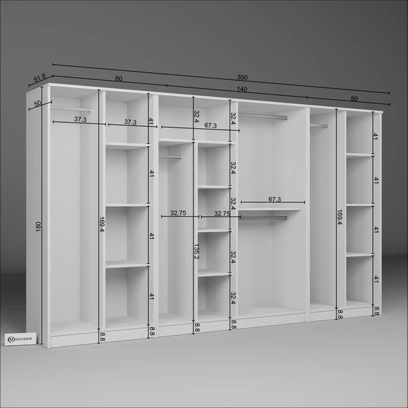 Midoser Kardelen Serisi Beyaz 8 Kapılı 14 Raflı 300 Cm Elbise Dolabı - Gardırop Seti, Derinlik : 50 Cm - 7