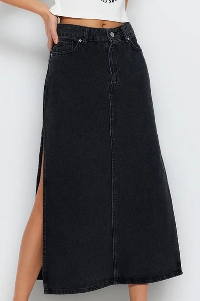 Modern Tarz Astarsız Denim Maxi Boy Yırtmaçlı Yüksek Bel Maxi Denim Etek - 4