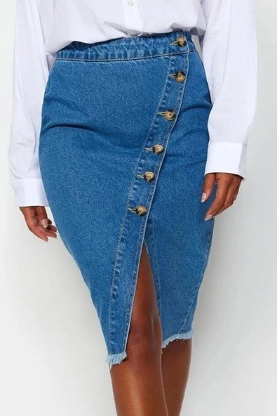 Modern Tarz Astarsız Denim Midi Boy Düğme Detaylı Yırtmaçlı Midi Denim Etek - 3