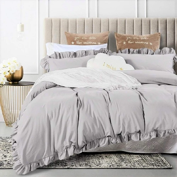 Maki Home %100 Pamuklu Fırfırlı Gri 240x220+2*(50x70) Battal Boy Nevresim ve Yastık Kılıfı Seti