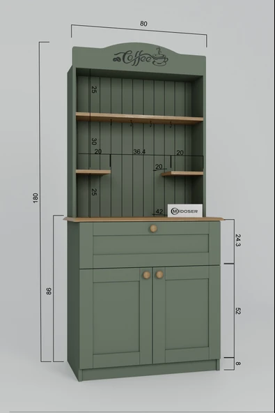 Midoser Lucas 2 Kapaklı Çekmeceli Kahve Köşesi ve Çok Amaçlı Mutfak Dolabı - Açık Ceviz & Yeşil - 6
