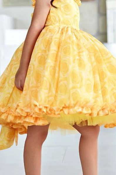 Kız Çocuk Yakası ve Etek Ucu Fırfırlı Üzeri Gül Baskılı Kolsuz Sarı Elbise - Resim 4