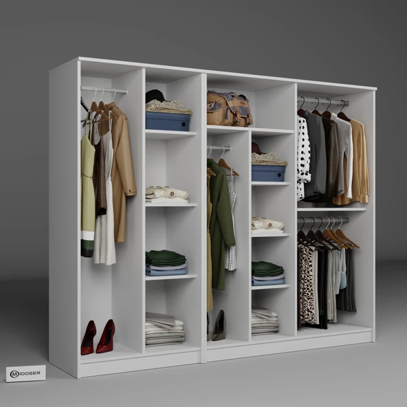 Midoser Kardelen Serisi Mat Beyaz 6 Kapılı 9 Raflı Elbise Dolabı 220 Cm - Gardırop Seti - 5