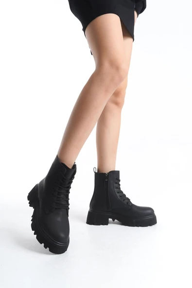 Kadın Kalın Tabanlı Günlük Postal Bot Fermuarlı Bağcıklı Tam Kalıp Kısa Bot - Resim 11