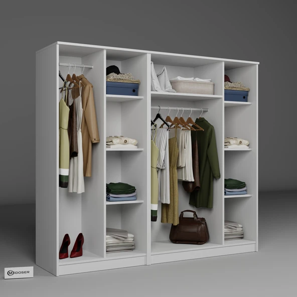 Midoser Kardelen Serisi Mat Beyaz 5 Kapılı 9 Raflı Elbise Dolabı 200 Cm - Gardırop Seti - 4