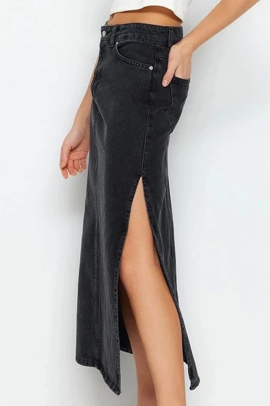 Modern Tarz Astarsız Denim Maxi Boy Yırtmaçlı Yüksek Bel Maxi Denim Etek - 3