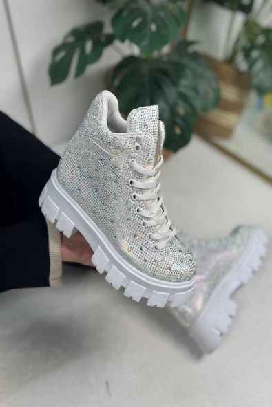 Günlük Taşlı Kadın Bot Bağcıklı Oval Burun Rahat Hafif Yüksek Topuk Tırtıklı Kalın Taban Bootie 441 - 2