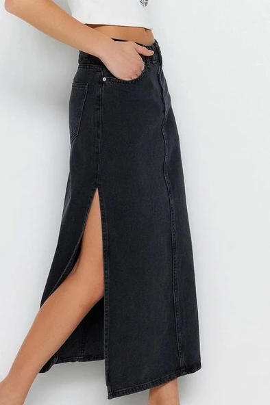 Modern Tarz Astarsız Denim Maxi Boy Yırtmaçlı Yüksek Bel Maxi Denim Etek - 2