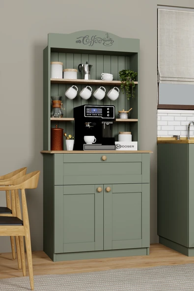 Midoser Lucas 2 Kapaklı Çekmeceli Kahve Köşesi ve Çok Amaçlı Mutfak Dolabı - Açık Ceviz & Yeşil - 2