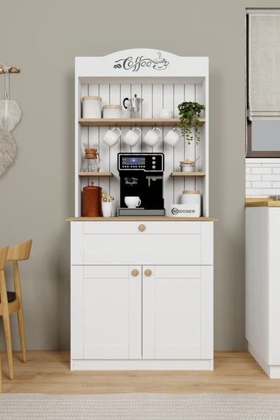 Midoser Lucas 2 Kapaklı Çekmeceli Kahve Köşesi ve Çok Amaçlı Mutfak Dolabı - Açık ceviz & Beyaz