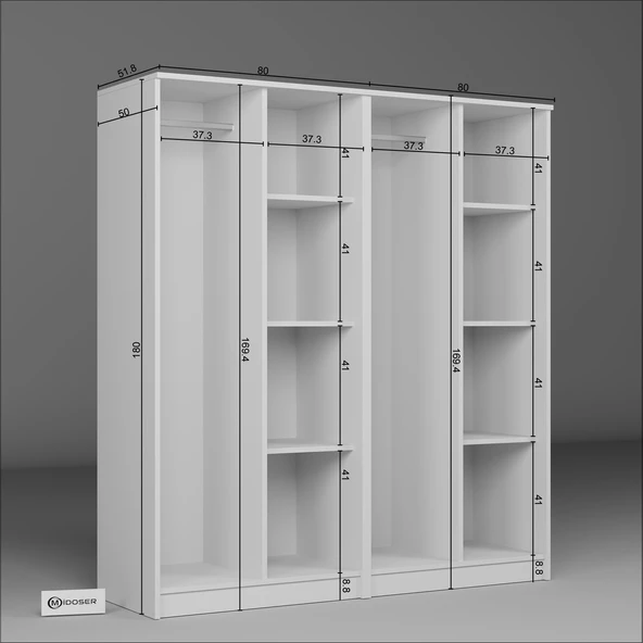 Midoser Kardelen Serisi Mat Beyaz 4 Kapılı 8 Raflı Elbise Dolabı 160 Cm - Gardırop Seti - Resim 7