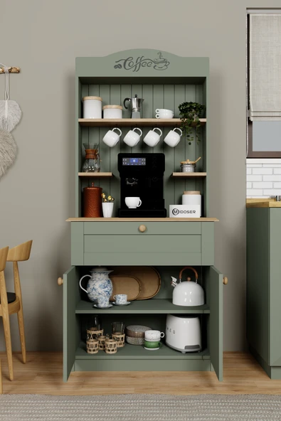 Midoser Lucas 2 Kapaklı Çekmeceli Kahve Köşesi ve Çok Amaçlı Mutfak Dolabı - Açık Ceviz & Yeşil - 3