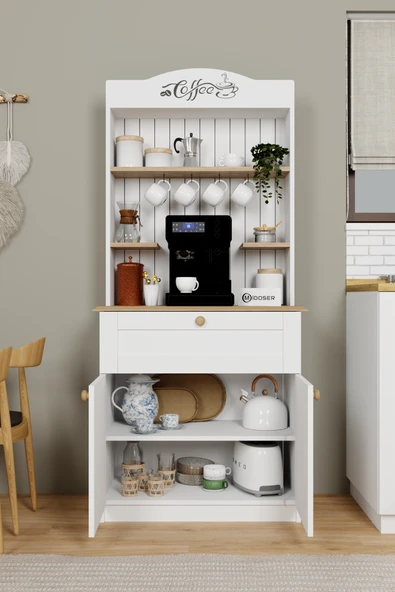 Midoser Lucas 2 Kapaklı Çekmeceli Kahve Köşesi ve Çok Amaçlı Mutfak Dolabı - Açık ceviz & Beyaz - 3