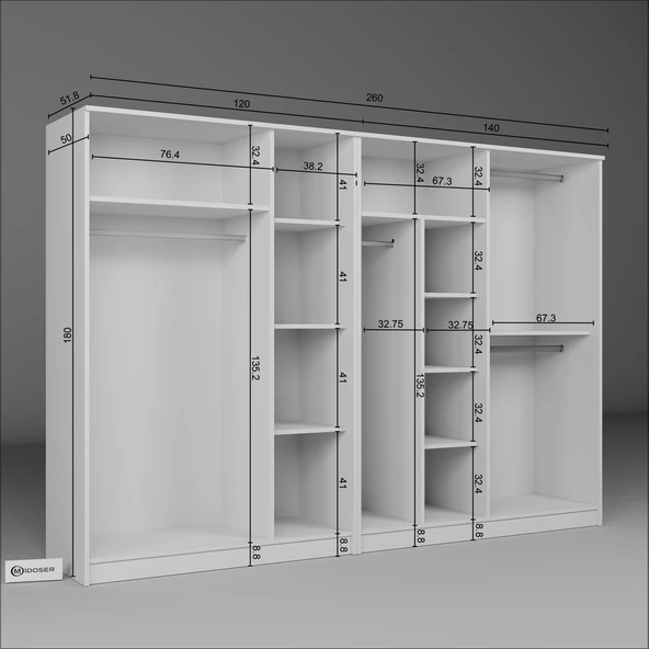Midoser Kardelen Serisi Beyaz 7 Kapaklı 10 Raflı 260 Cm Elbise Dolabı - Gardırop Seti, Derinlik : 50 Cm - 7