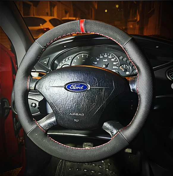 DİKİŞLİ DİREKSİYON KILIFI NUBUK / NOKTALI DERİ KIRMIZI YÜZÜK KIRMIZI DİKİŞ FORD FOCUS 1 İÇİN - 1