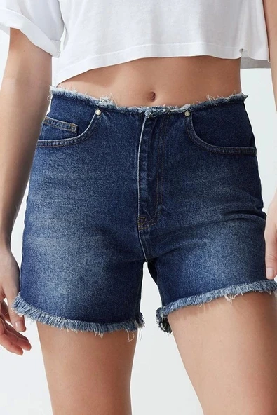 Moda Denim Yüksek Bel Geniş Paça Gündelik Mavi More Sustainable Beli Püsküllü Şort Bermuda - Resim 3