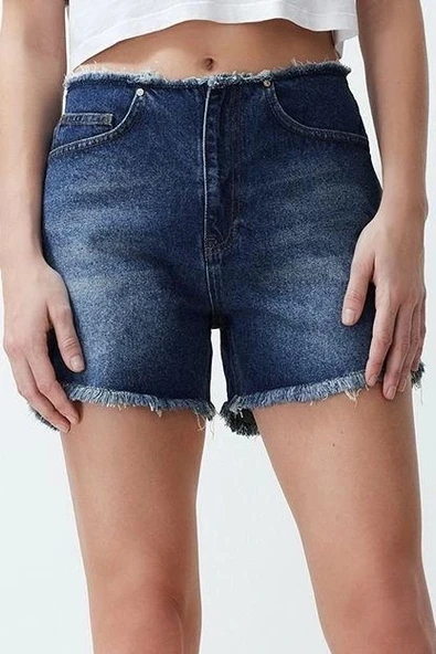 Moda Denim Yüksek Bel Geniş Paça Gündelik Mavi More Sustainable Beli Püsküllü Şort Bermuda - Resim 4