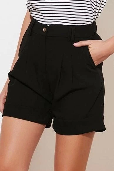 Moda Dokuma Yüksek Bel Geniş Paça Gündelik Siyah Paçası Kıvırmalı Dokuma Şort - 2
