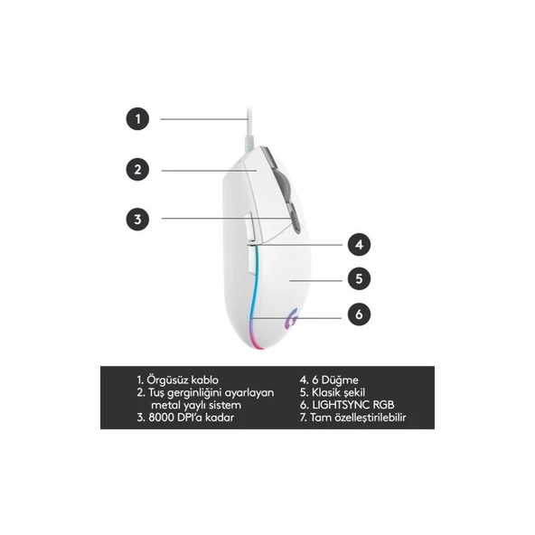 Logitech G G102 Lightsync RGB Kablolu Gaming Mouse, Beyaz-TEŞHİR - 6