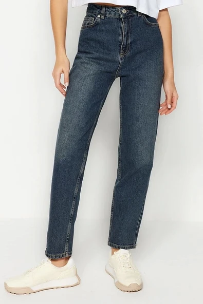 Stil Kadın Moda Denim Kot Pantolon Regular Boru Paça Mavi Yüksek Bel Slim Mom Jeans - 4