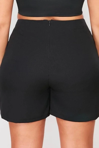 Büyük Beden Moda Dokuma Yüksek Bel Geniş Paça Gündelik Siyah Cep Detaylı Dokuma Şort Etek - 6