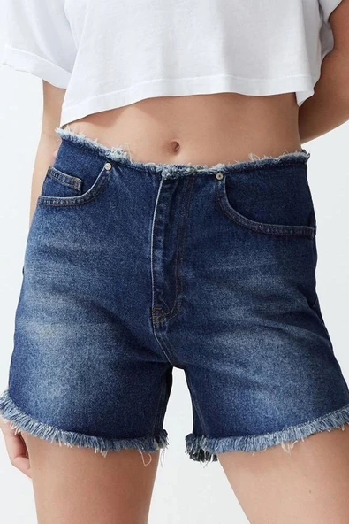 Moda Denim Yüksek Bel Geniş Paça Gündelik Mavi More Sustainable Beli Püsküllü Şort Bermuda - Resim 2