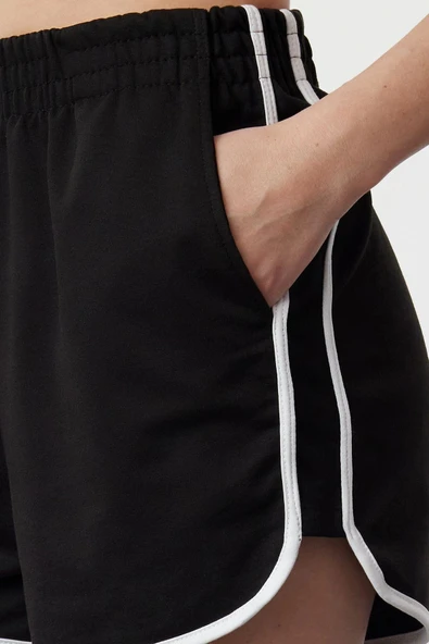 Moda Örme Normal Bel Boru Paça Gündelik Siyah Biye Detaylı Mini Şort Bermuda - 5