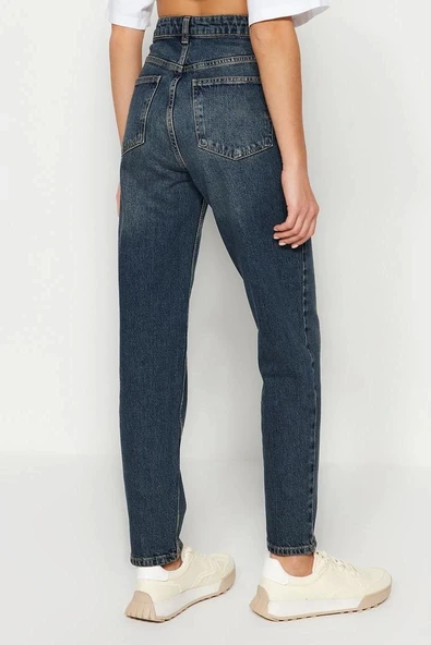 Stil Kadın Moda Denim Kot Pantolon Regular Boru Paça Mavi Yüksek Bel Slim Mom Jeans - 6