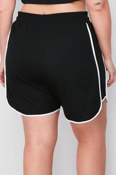 Büyük Beden Moda Örme Yüksek Bel Boru Paça Gündelik Gri Baskılı Biye Detaylı Şort Bermuda - 6