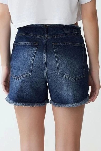 Moda Denim Yüksek Bel Geniş Paça Gündelik Mavi More Sustainable Beli Püsküllü Şort Bermuda - Resim 6