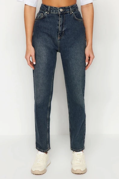 Stil Kadın Moda Denim Kot Pantolon Regular Boru Paça Mavi Yüksek Bel Slim Mom Jeans