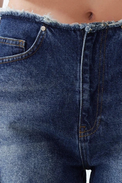 Moda Denim Yüksek Bel Geniş Paça Gündelik Mavi More Sustainable Beli Püsküllü Şort Bermuda - Resim 5