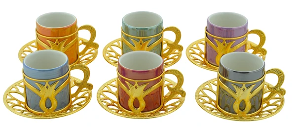 Busem 6 Kişilik 18 Parça Renkli Fincan Mix Kahve Seti Altın Renk Kutulu