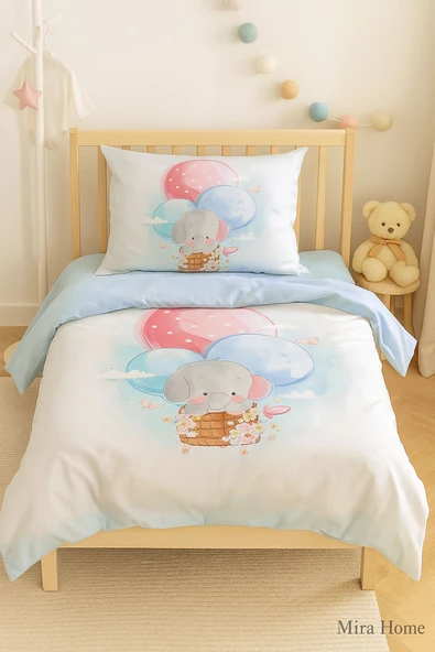 Dijital Baskılı 3d Pamuklu Yenidoğan Bebek Nevresim Takımı Elephant Baloon Blue - 3