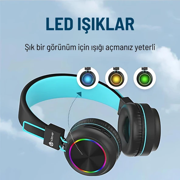 iClever Led Işıklı Güvenli Ses Sınırlı 30 Saat Oynatma Süreli Bluetooth Çocuk Kulaklığı Lacivert - 7