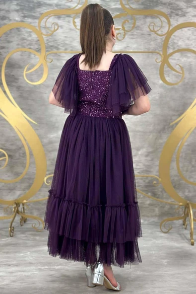 Kız Çocuk Omuzları Tüllü Göğsü Pulpayet İşlemeli Tüllü Menekşe Mor Abiye - Resim 4