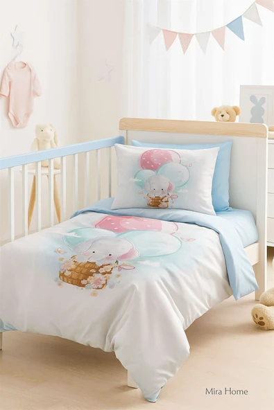 Dijital Baskılı 3d Pamuklu Yenidoğan Bebek Nevresim Takımı Elephant Baloon Blue