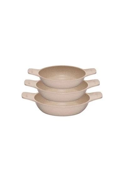 2 ADET SET Döküm Saplı Granit Güveç Sahan Set | 6 Parça |vizon |18CM-20CM-22CM