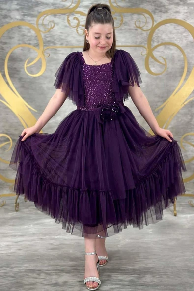 Kız Çocuk Omuzları Tüllü Göğsü Pulpayet İşlemeli Tüllü Menekşe Mor Abiye ürün görseli